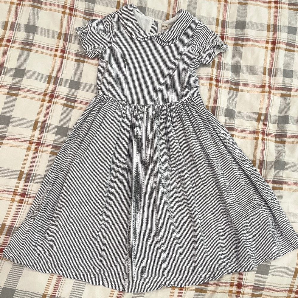 Girls' Blue & White Striped Peter Pan Collar Dress 8